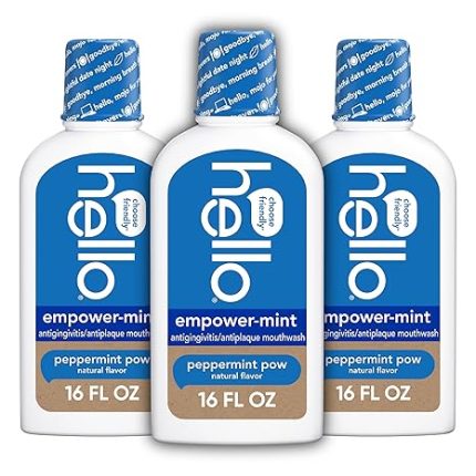 hello Empower-Mint Fluoride Free and Alcohol Free Mouthwash, Non Alcoholic Mint Mouthwash Pack, Peppermint Pow, 3 Pack, 16 Fl Oz Bottles